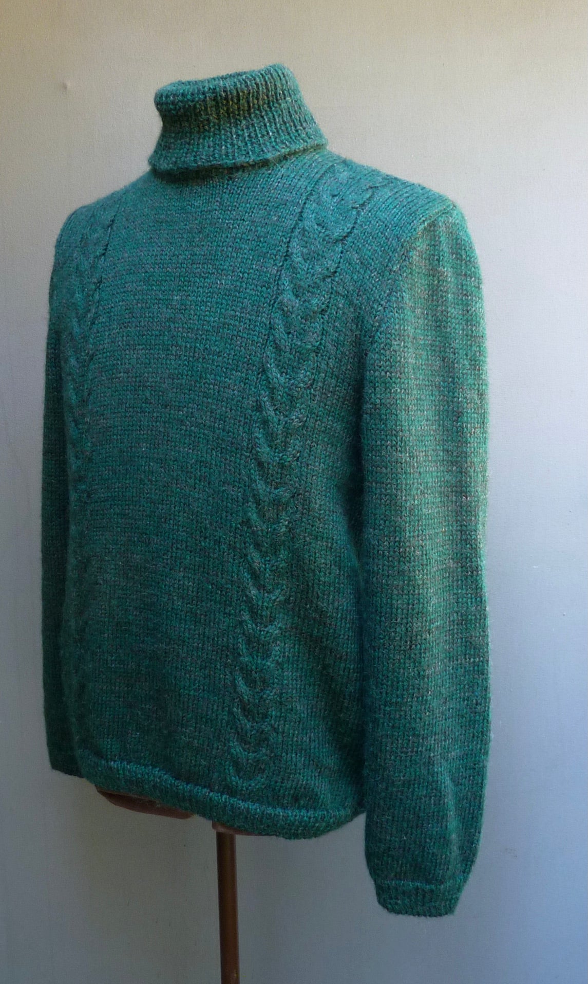 Vintage Mens Hand Knitted Roll Neck Sweater Cable Knit Jumper 1940s WW2 50s Style 1970s 80s Pine Green Marl Pullover