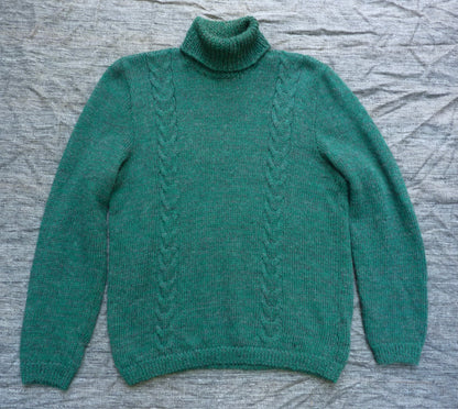 Vintage Mens Hand Knitted Roll Neck Sweater Cable Knit Jumper 1940s WW2 50s Style 1970s 80s Pine Green Marl Pullover