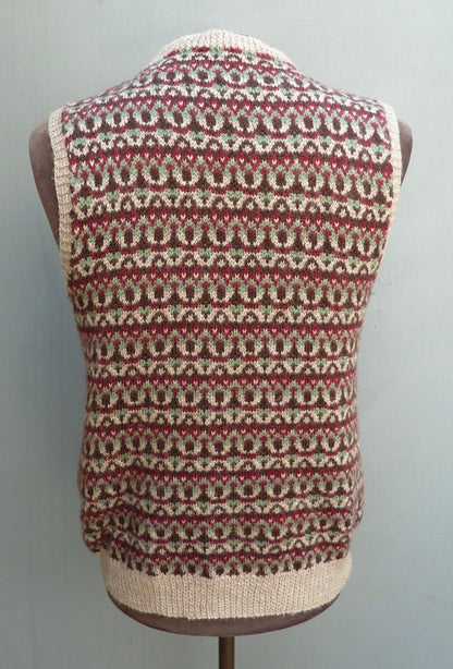 Vintage Mens Hand Knitted Fair Isle Slipover Sweater Vest Green Brown Burgundy 1970s 1980s  Fairisle Tank Top