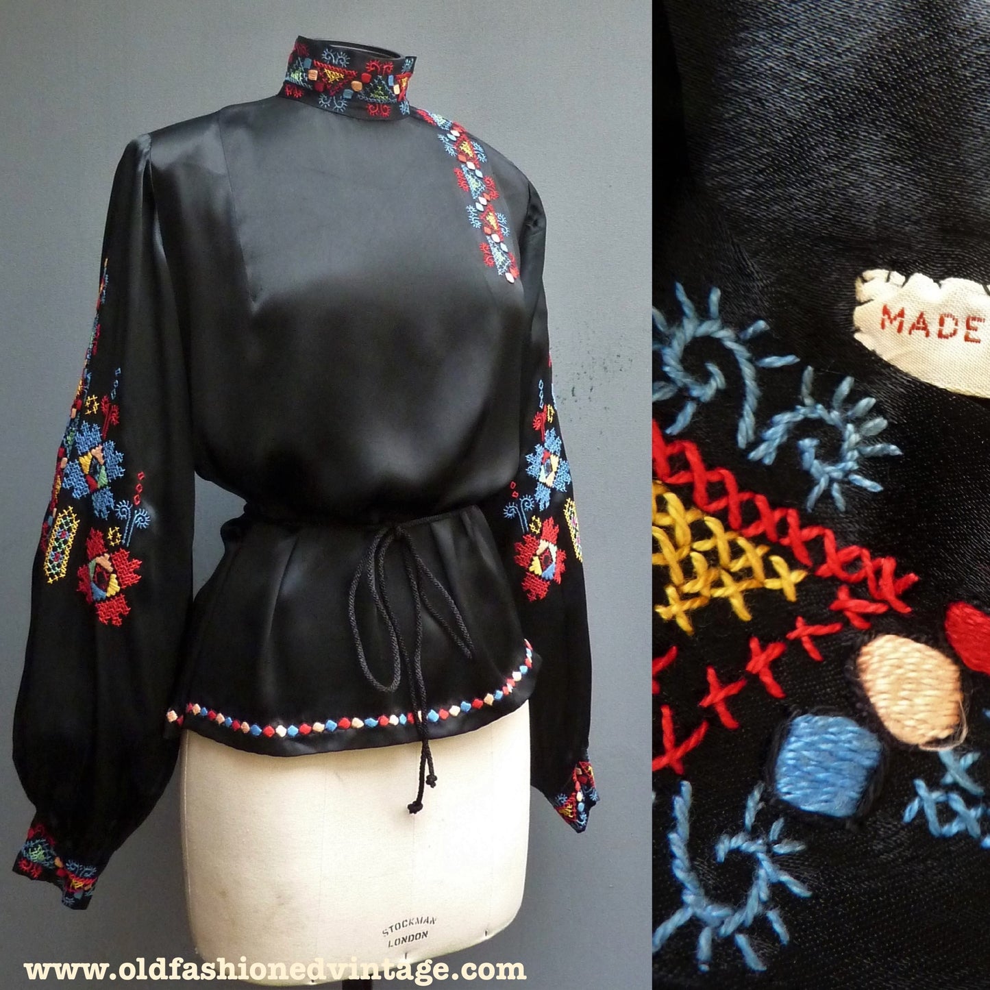 RARE Vintage 1930s Hungarian Hand Embroidered Peasant Blouse Black Satin UK M