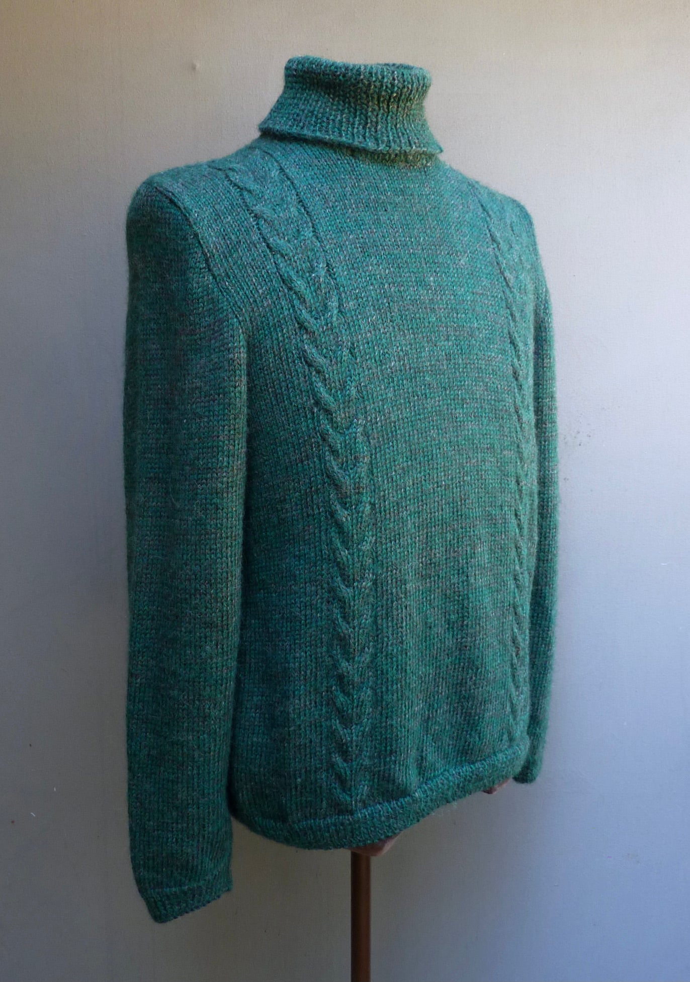 Vintage Mens Hand Knitted Roll Neck Sweater Cable Knit Jumper 1940s WW2 50s Style 1970s 80s Pine Green Marl Pullover