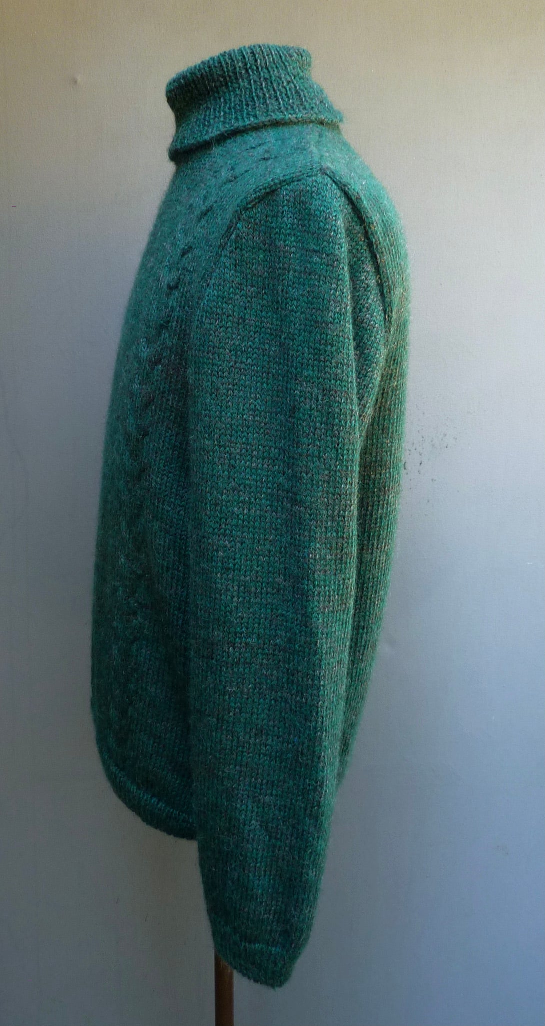 Vintage Mens Hand Knitted Roll Neck Sweater Cable Knit Jumper 1940s WW2 50s Style 1970s 80s Pine Green Marl Pullover