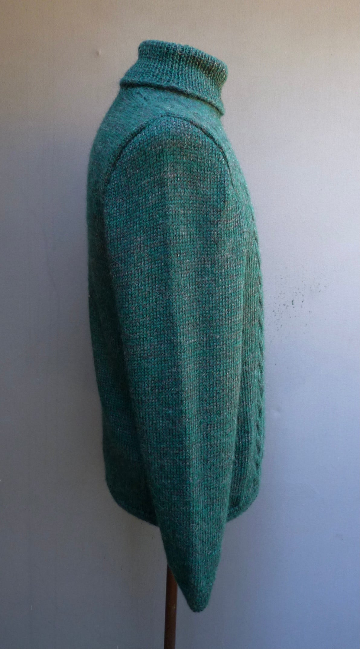 Vintage Mens Hand Knitted Roll Neck Sweater Cable Knit Jumper 1940s WW2 50s Style 1970s 80s Pine Green Marl Pullover