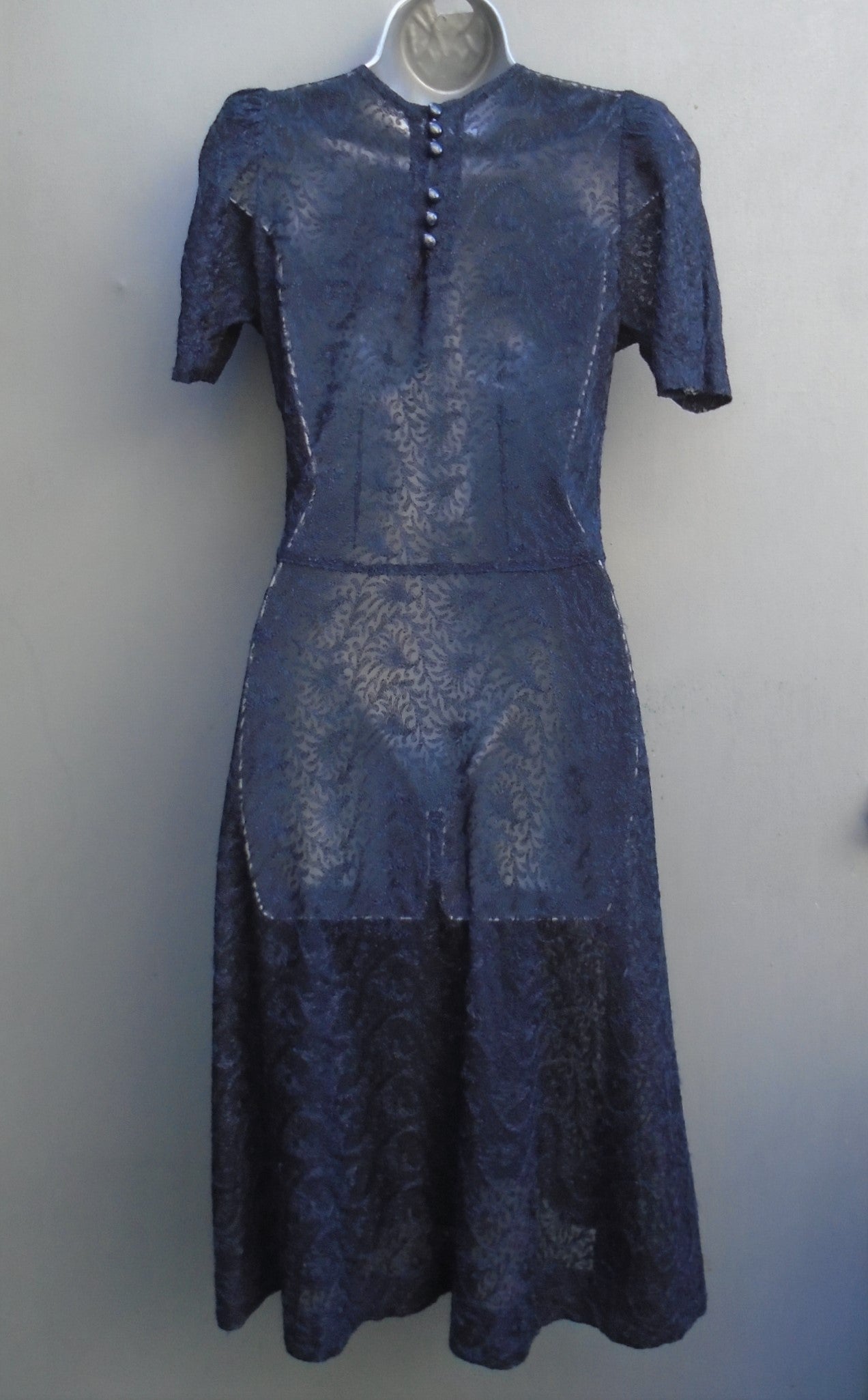 Original Vintage 1940s Handmade Dress Dark Blue Lace Deco UK XXS