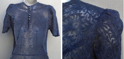 Original Vintage 1940s Handmade Dress Dark Blue Lace Deco UK XXS