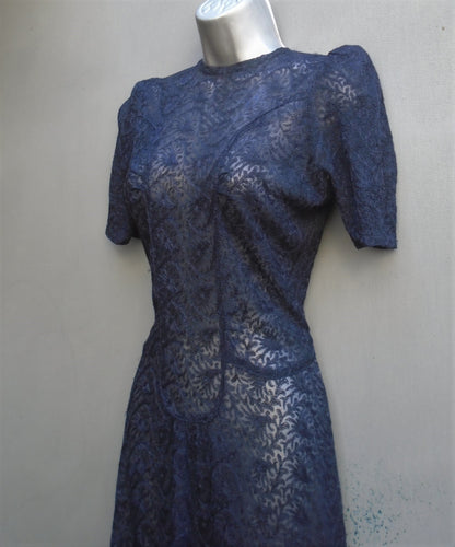 Original Vintage 1940s Handmade Dress Dark Blue Lace Deco UK XXS