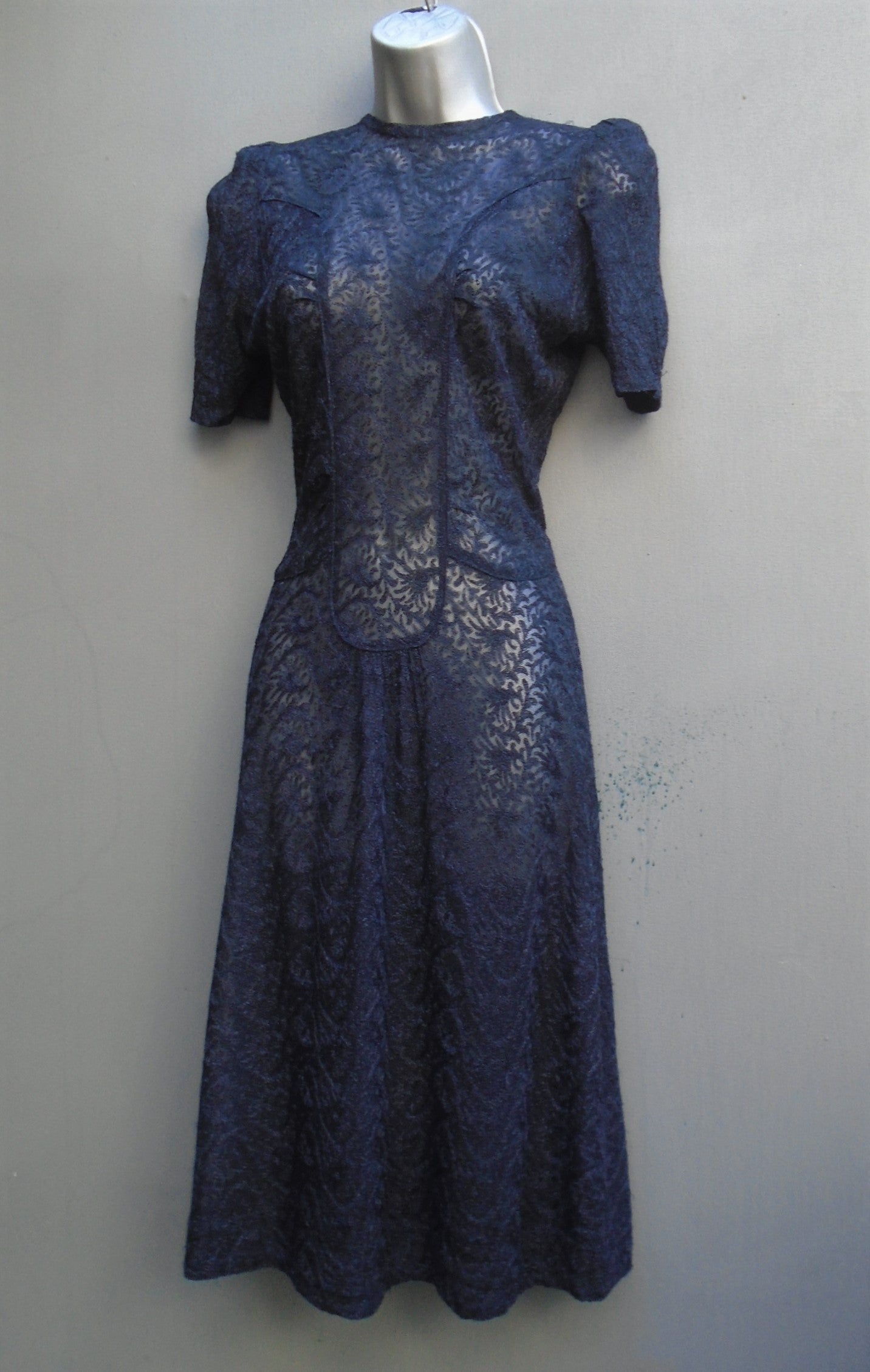 Original Vintage 1940s Handmade Dress Dark Blue Lace Deco UK XXS