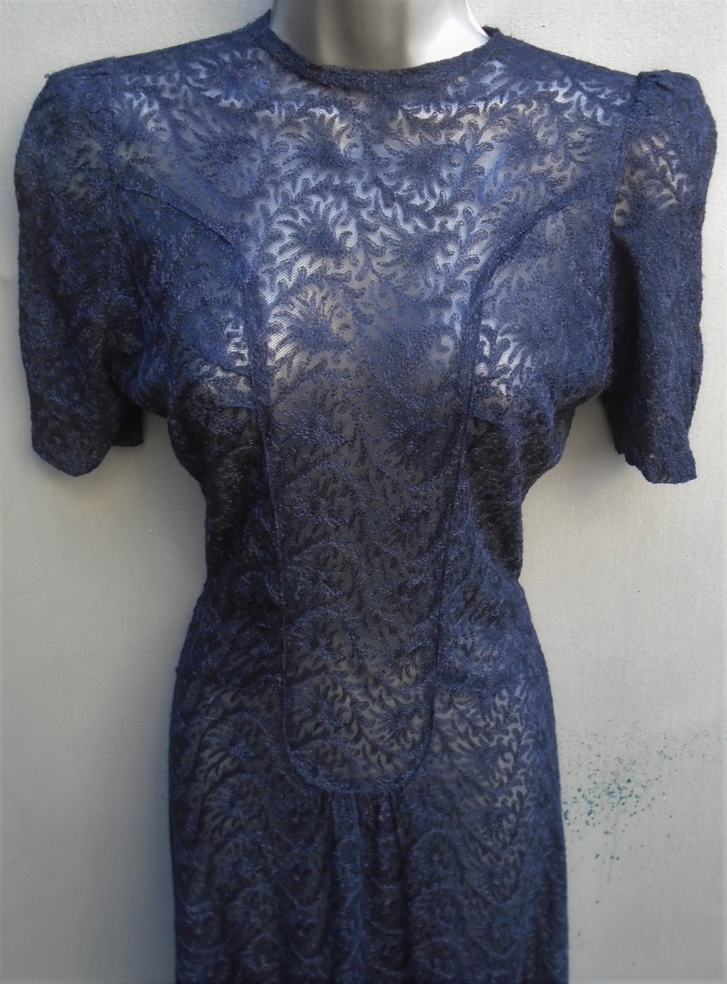 Original Vintage 1940s Handmade Dress Dark Blue Lace Deco UK XXS