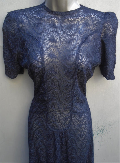 Original Vintage 1940s Handmade Dress Dark Blue Lace Deco UK XXS