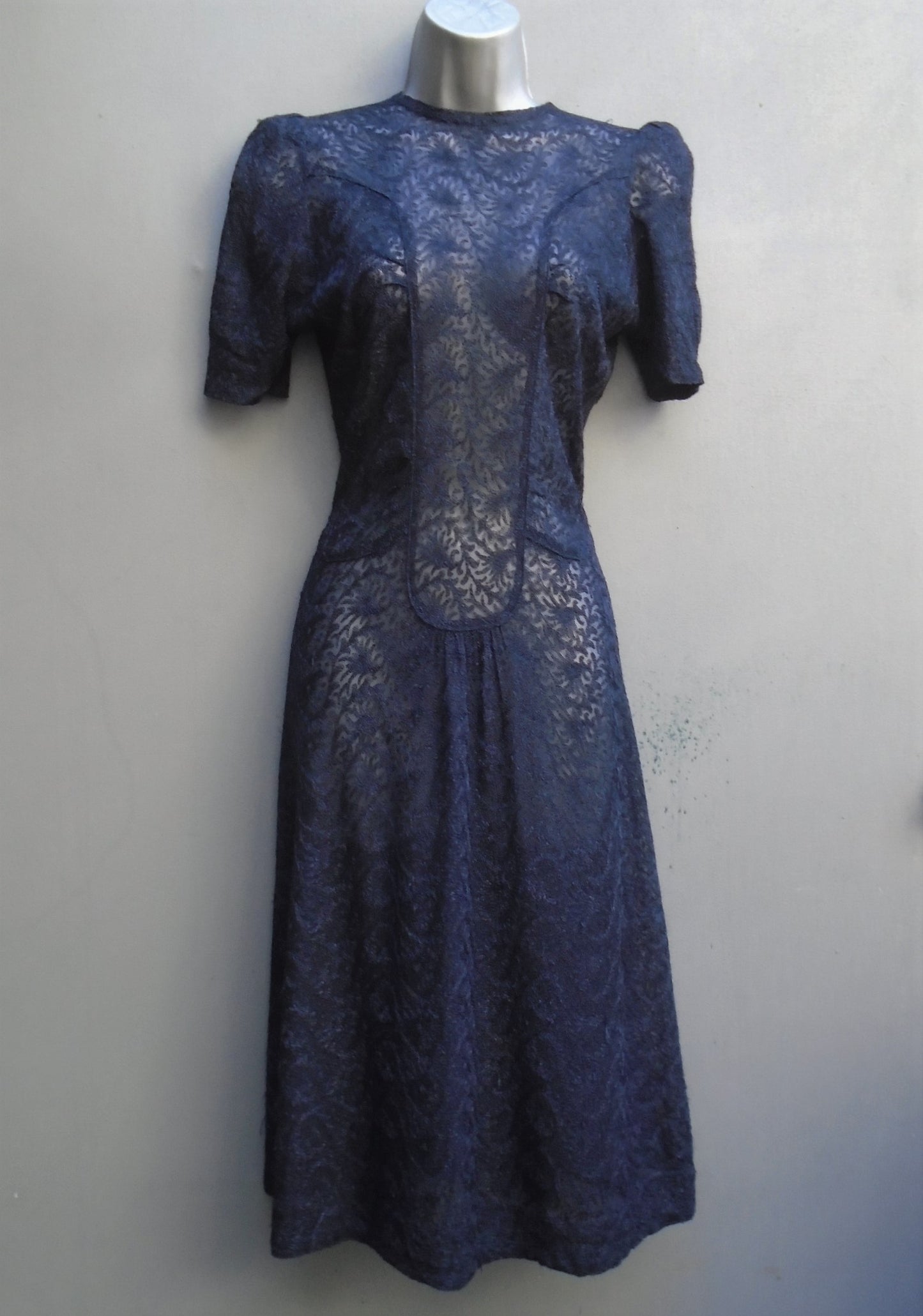 Original Vintage 1940s Handmade Dress Dark Blue Lace Deco UK XXS