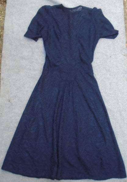 Original Vintage 1940s Handmade Dress Dark Blue Lace Deco UK XXS