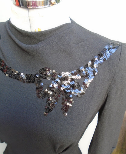 1940s Vintage Dress Black Rayon Crepe Novelty Sequin Bow UK S