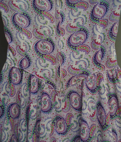 Vintage 1940s 1950s Sun Dress Paisley Printed Rayon Sleeveless Pinafore UK XS