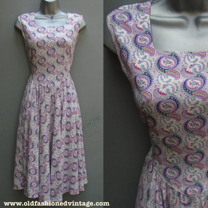 Vintage 1940s 1950s Sun Dress Paisley Printed Rayon Sleeveless Pinafore UK XS