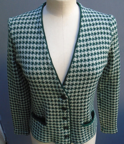 RARE Original Vintage 1930s 1940s Houndstooth Jersey Knit Jacket Cardigan UK S/M