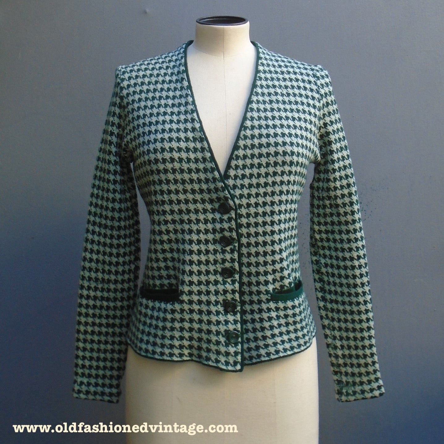 RARE Original Vintage 1930s 1940s Houndstooth Jersey Knit Jacket Cardigan UK S/M