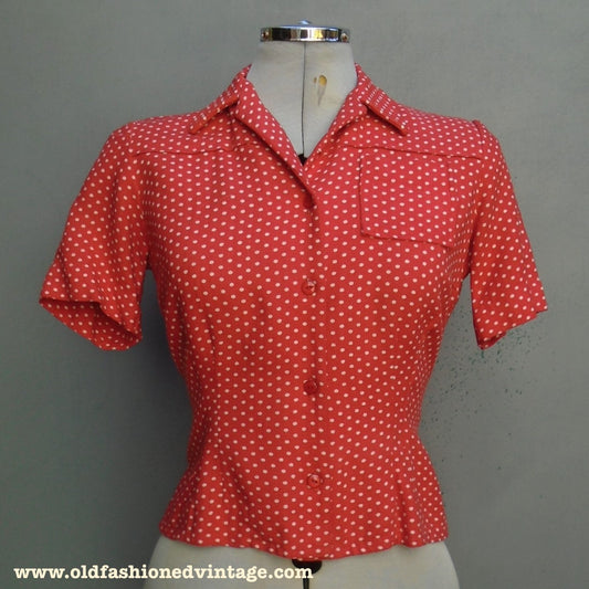 Outstanding Vintage CC41 1940s Blouse Red White Spotty Polka Dot UK XS