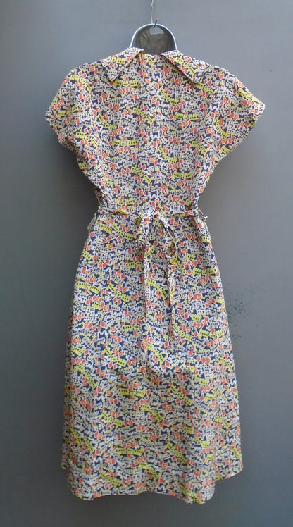 Original 1950s 40s Handmade Dress Novelty Printed Rayon Steam Trains UK XS