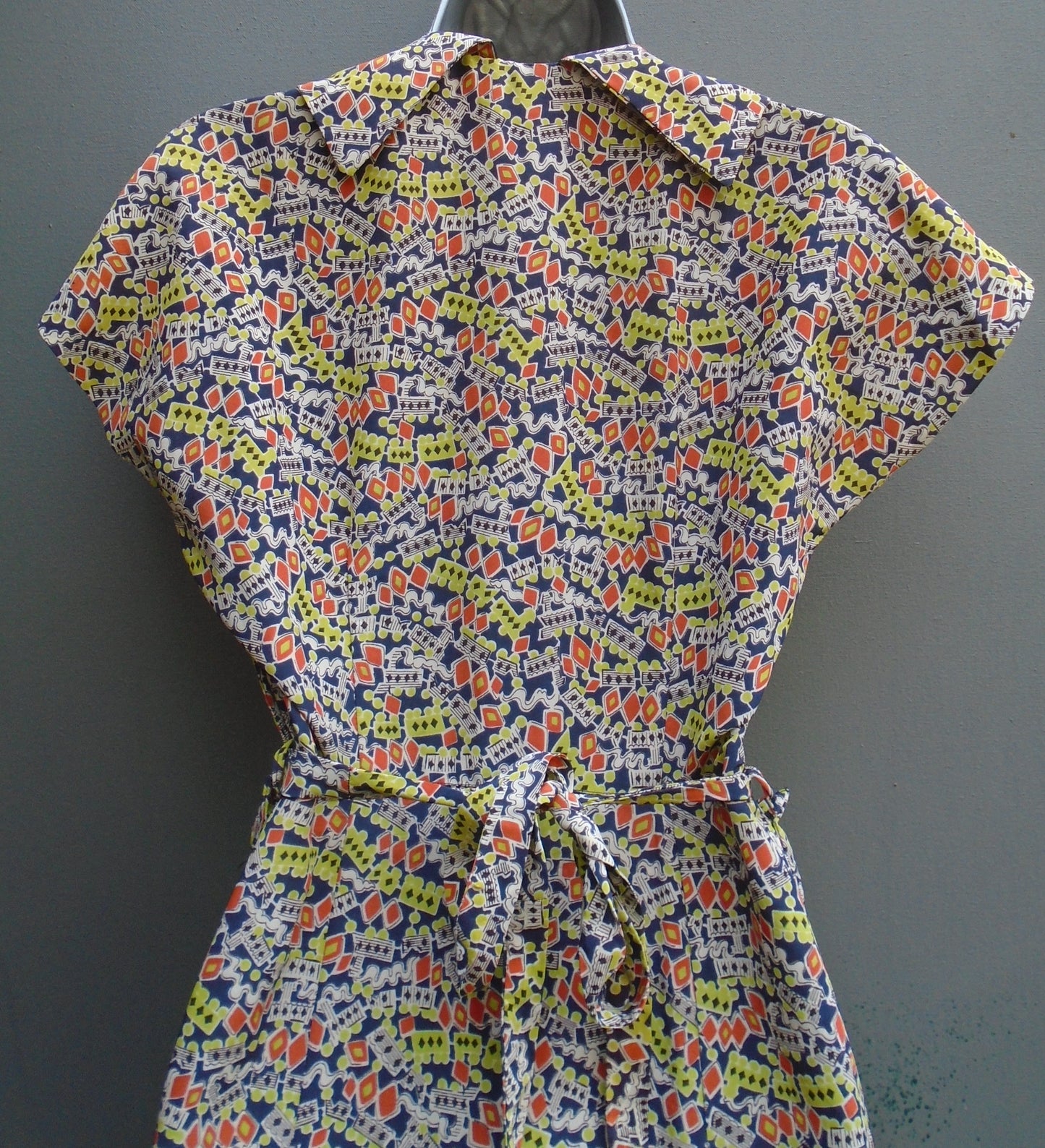 Original 1950s 40s Handmade Dress Novelty Printed Rayon Steam Trains UK XS