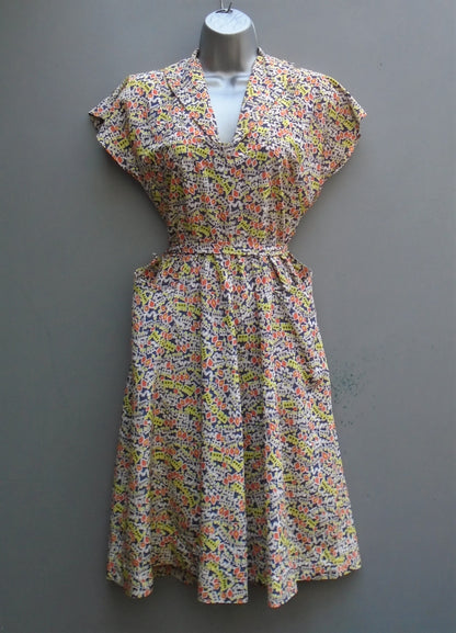 Original 1950s 40s Handmade Dress Novelty Printed Rayon Steam Trains UK XS