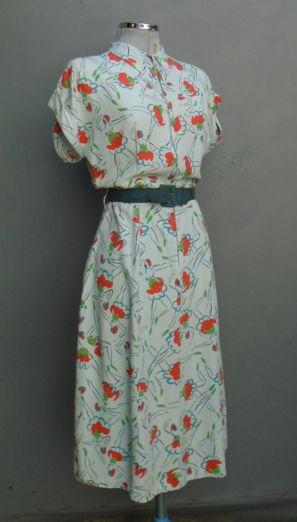 Superb Bold Novelty Print Vintage 1940s Dress Zip Front Ballet Dancers Ballerinas UK M