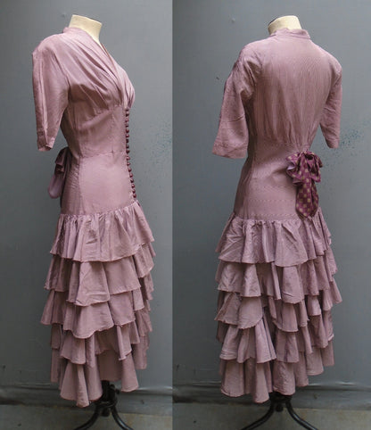 Vintage 1940s American Ruffle Dress Burgundy Cream Rayon Taffeta UK XS