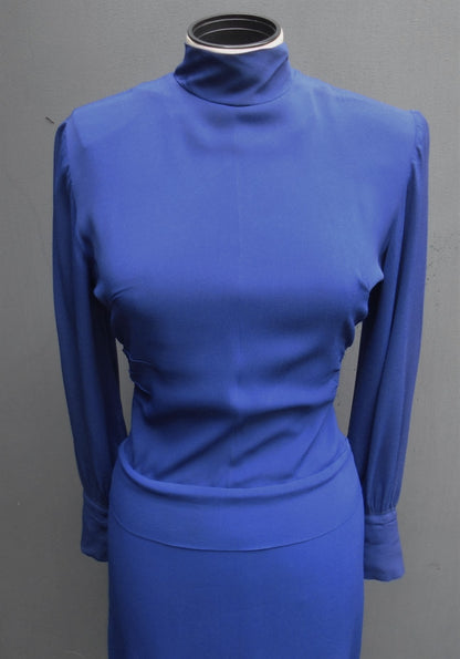 Vintage 1940s R&K Original Dress Royal Blue Rayon Crepe High Neck UK XS