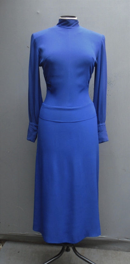 Vintage 1940s R&K Original Dress Royal Blue Rayon Crepe High Neck UK XS