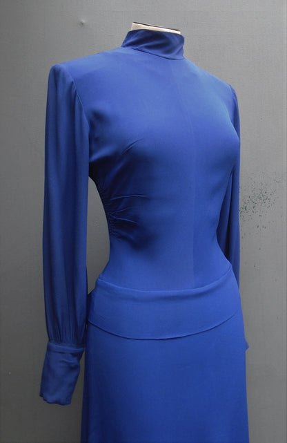 Vintage 1940s R&K Original Dress Royal Blue Rayon Crepe High Neck UK XS