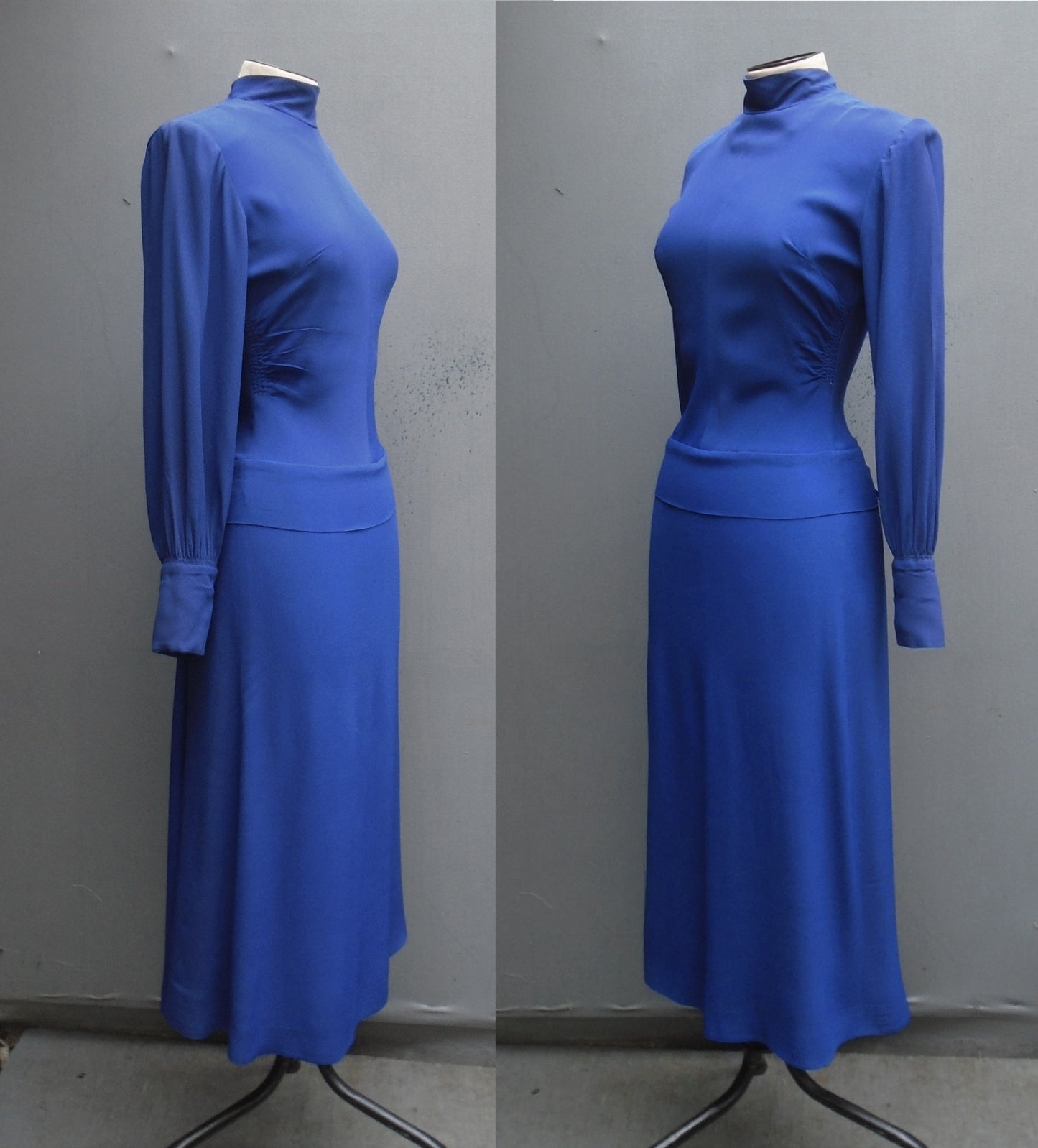 Vintage 1940s R&K Original Dress Royal Blue Rayon Crepe High Neck UK XS