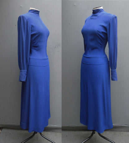 Vintage 1940s R&K Original Dress Royal Blue Rayon Crepe High Neck UK XS