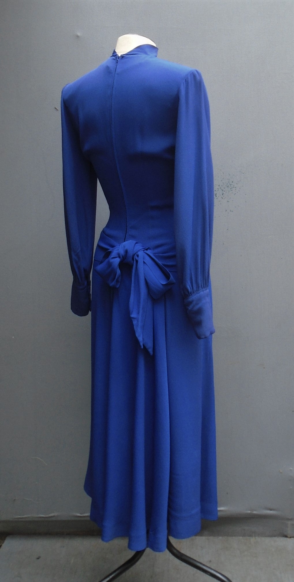 Vintage 1940s R&K Original Dress Royal Blue Rayon Crepe High Neck UK XS