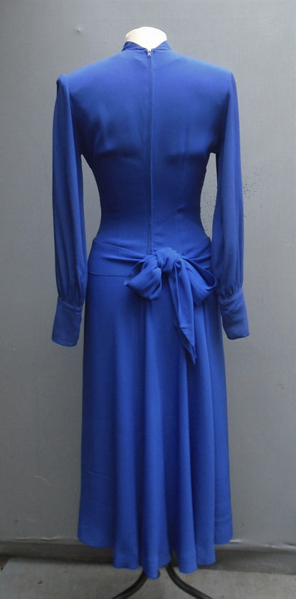 Vintage 1940s R&K Original Dress Royal Blue Rayon Crepe High Neck UK XS