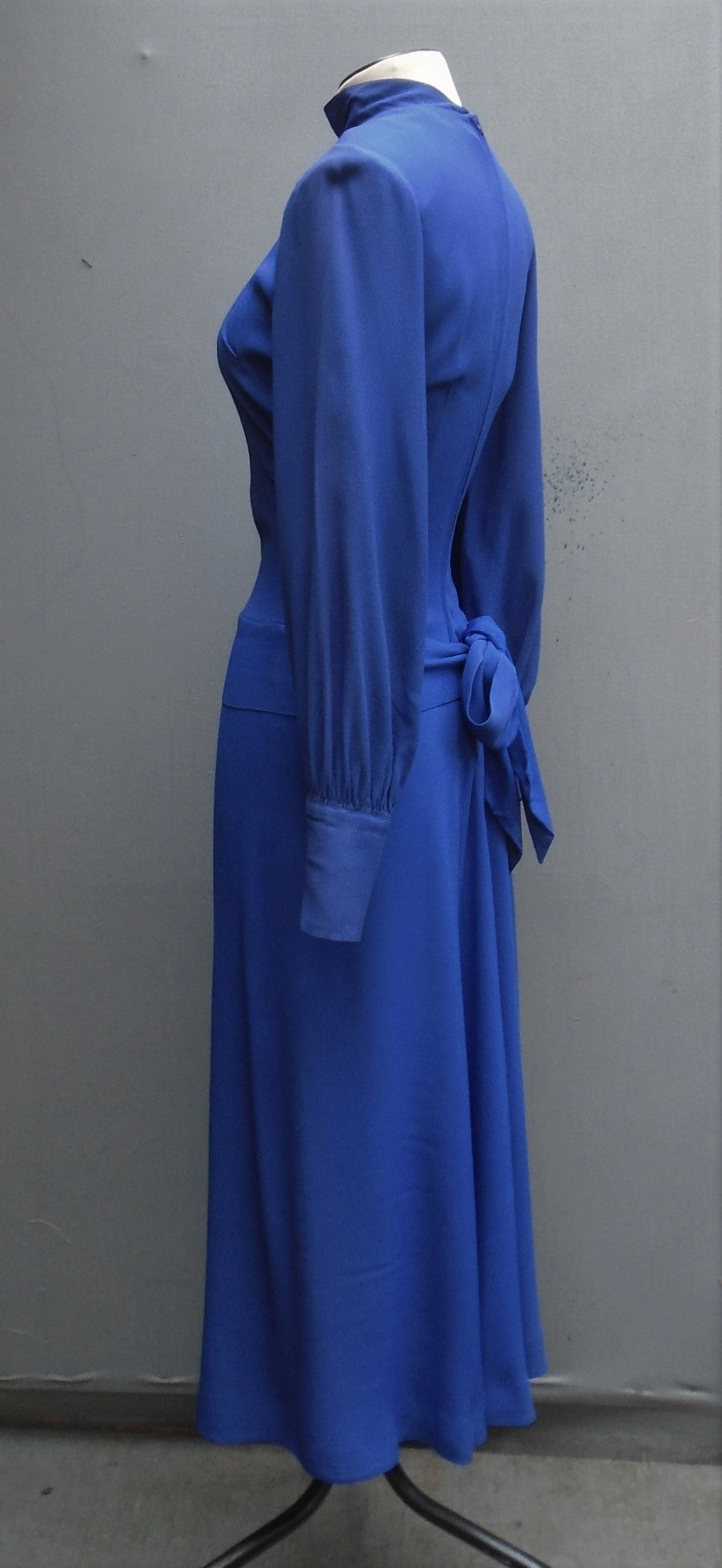 Vintage 1940s R&K Original Dress Royal Blue Rayon Crepe High Neck UK XS