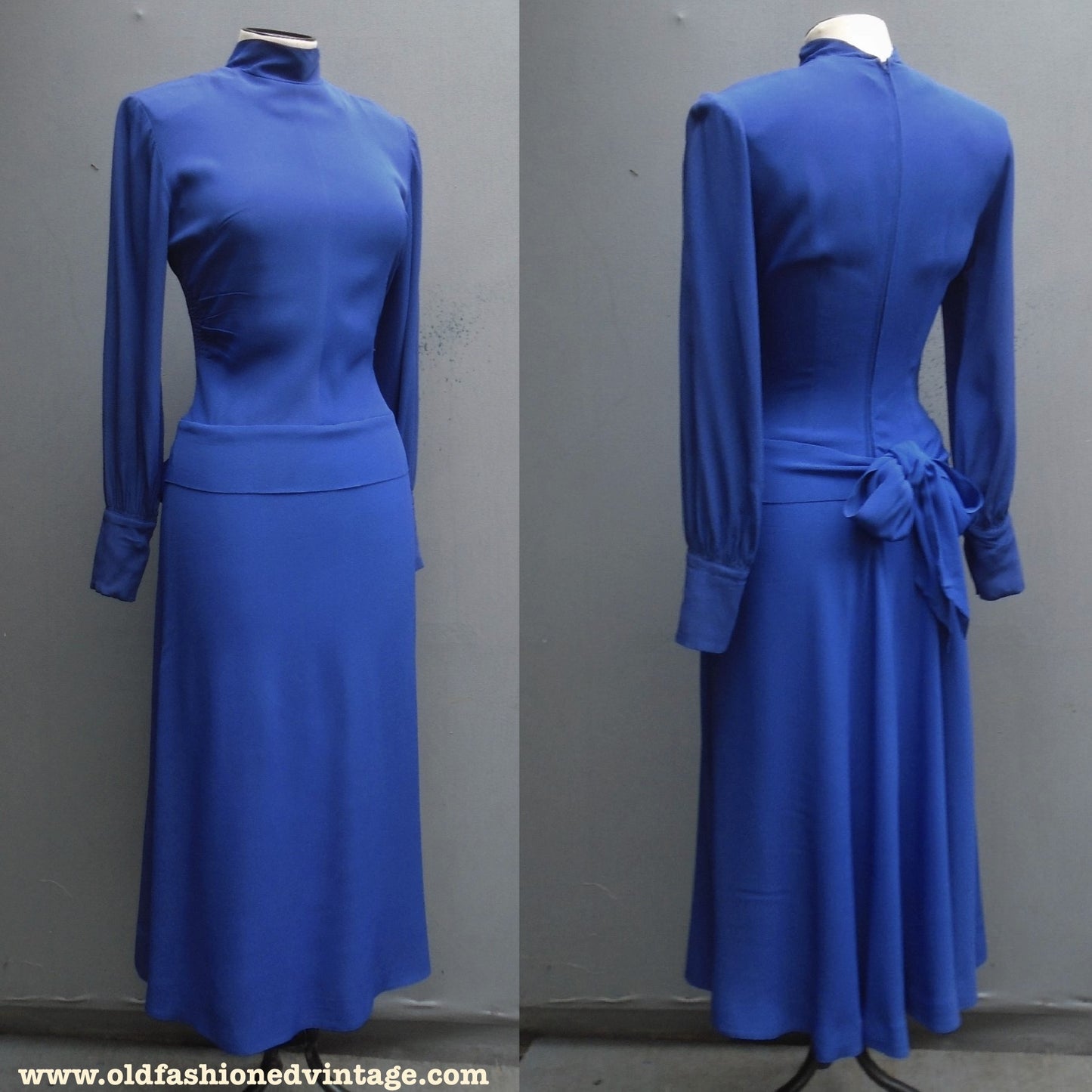 Vintage 1940s R&K Original Dress Royal Blue Rayon Crepe High Neck UK XS