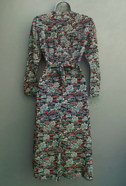 Rare Original 1930s Dress Novelty Dark Floral Print Handmade Silk UK XS