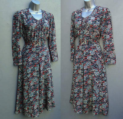 Rare Original 1930s Dress Novelty Dark Floral Print Handmade Silk UK XS