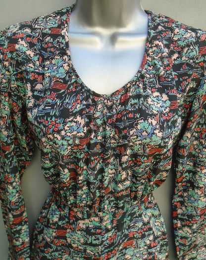 Rare Original 1930s Dress Novelty Dark Floral Print Handmade Silk UK XS