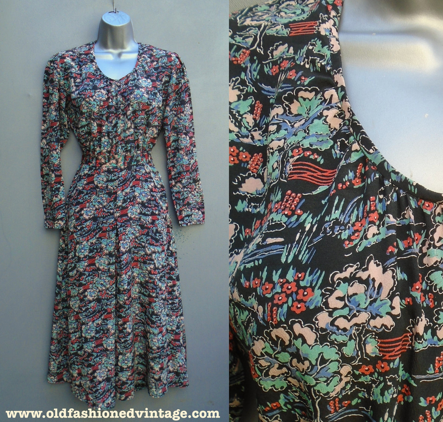 Rare Original 1930s Dress Novelty Dark Floral Print Handmade Silk UK XS