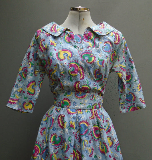 Original 1950s Dress Novelty Print Bold Floral Blue Yellow Cotton UK S/M