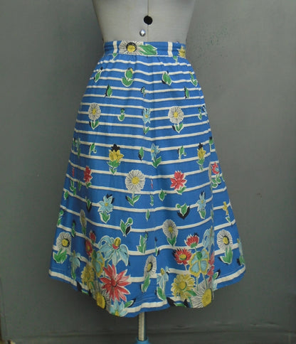 Original Vintage 1950s Cotton Skirt Novelty Print Striped Floral UK S