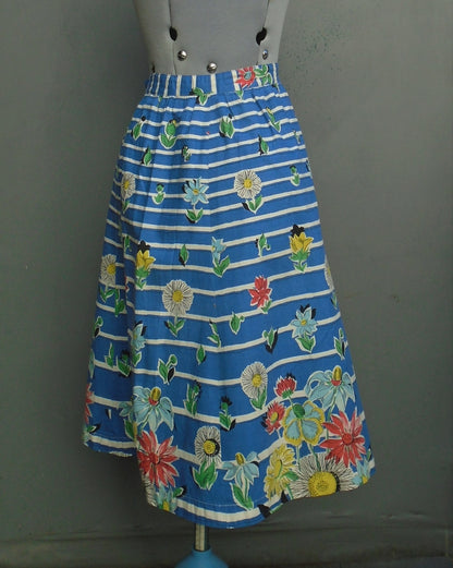 Original Vintage 1950s Cotton Skirt Novelty Print Striped Floral UK S