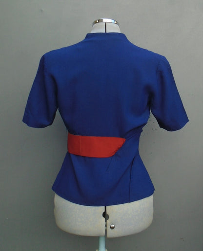 Vintage 1940s Jacket Blouse Patriotic Blue Red Suede Belt UK XS/S