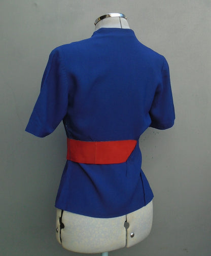 Vintage 1940s Jacket Blouse Patriotic Blue Red Suede Belt UK XS/S