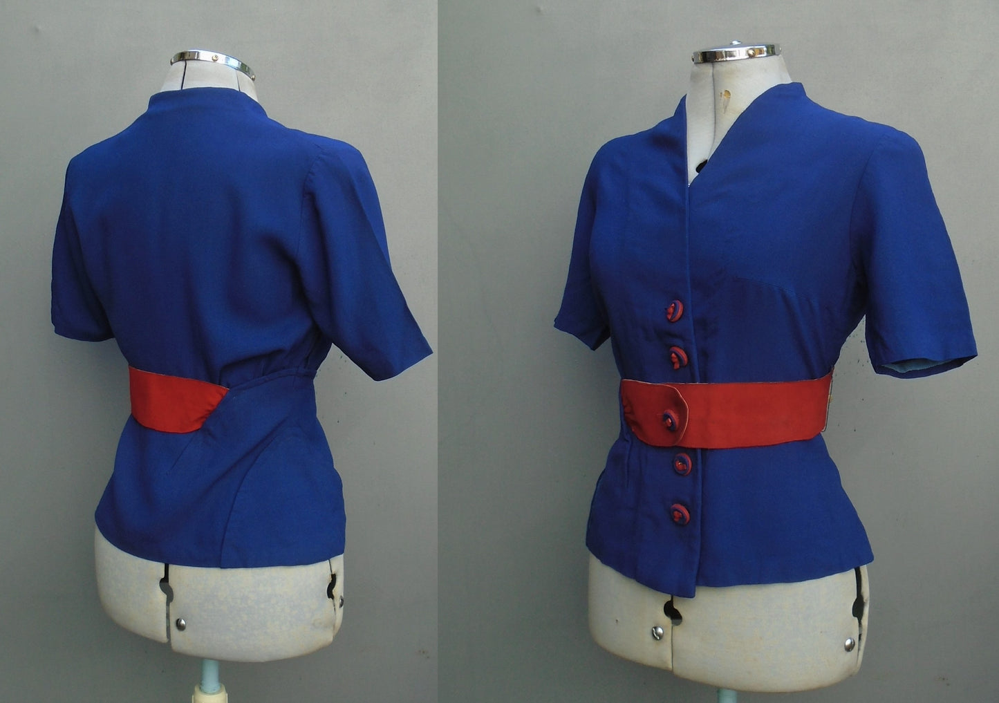 Vintage 1940s Jacket Blouse Patriotic Blue Red Suede Belt UK XS/S