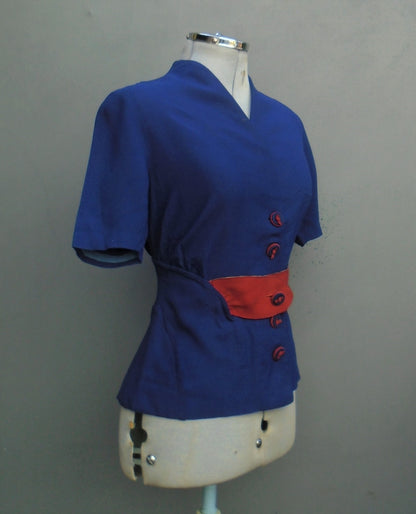 Vintage 1940s Jacket Blouse Patriotic Blue Red Suede Belt UK XS/S