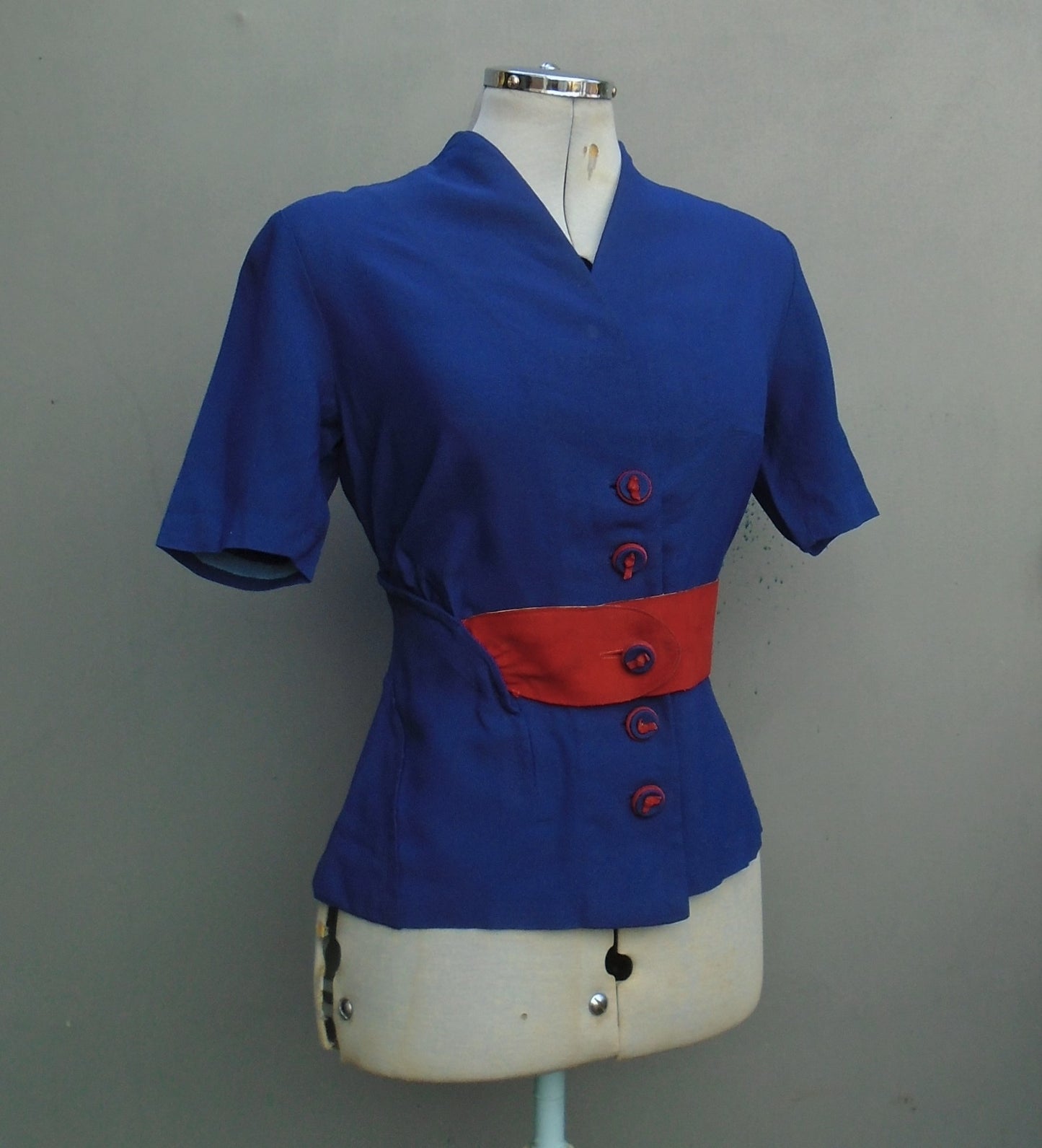 Vintage 1940s Jacket Blouse Patriotic Blue Red Suede Belt UK XS/S