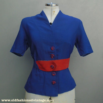 Vintage 1940s Jacket Blouse Patriotic Blue Red Suede Belt UK XS/S