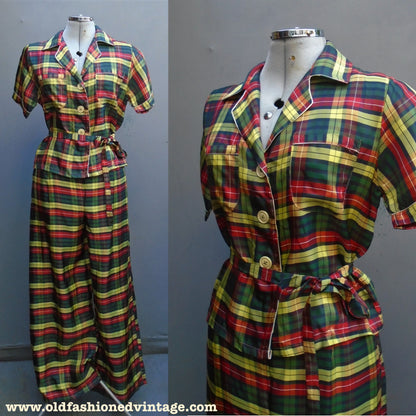 Rare 1940s WW2 50s Lounging Pyjamas PJs Tartan Plaid Rayon UK S