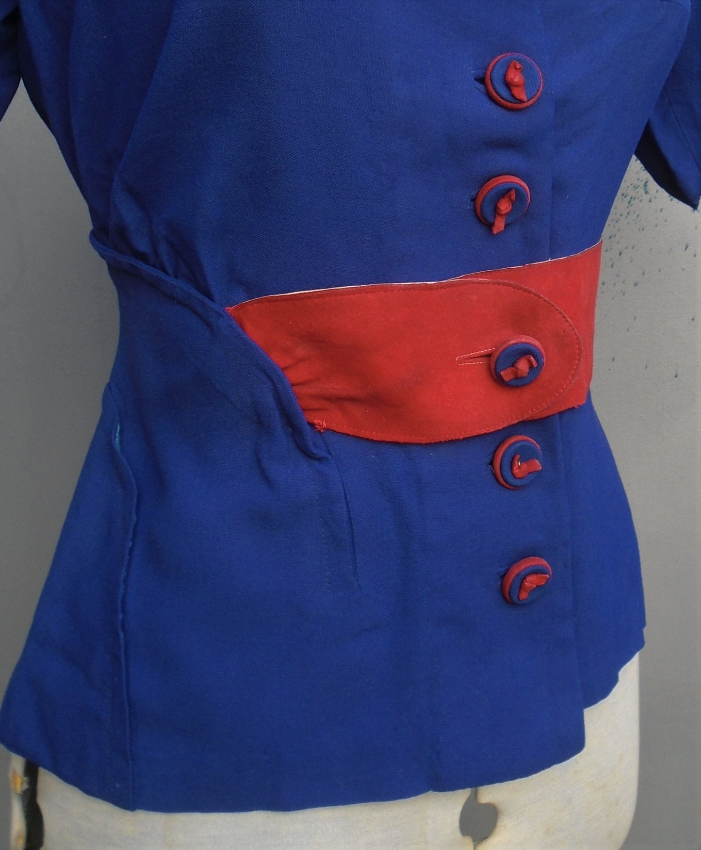 Vintage 1940s Jacket Blouse Patriotic Blue Red Suede Belt UK XS/S